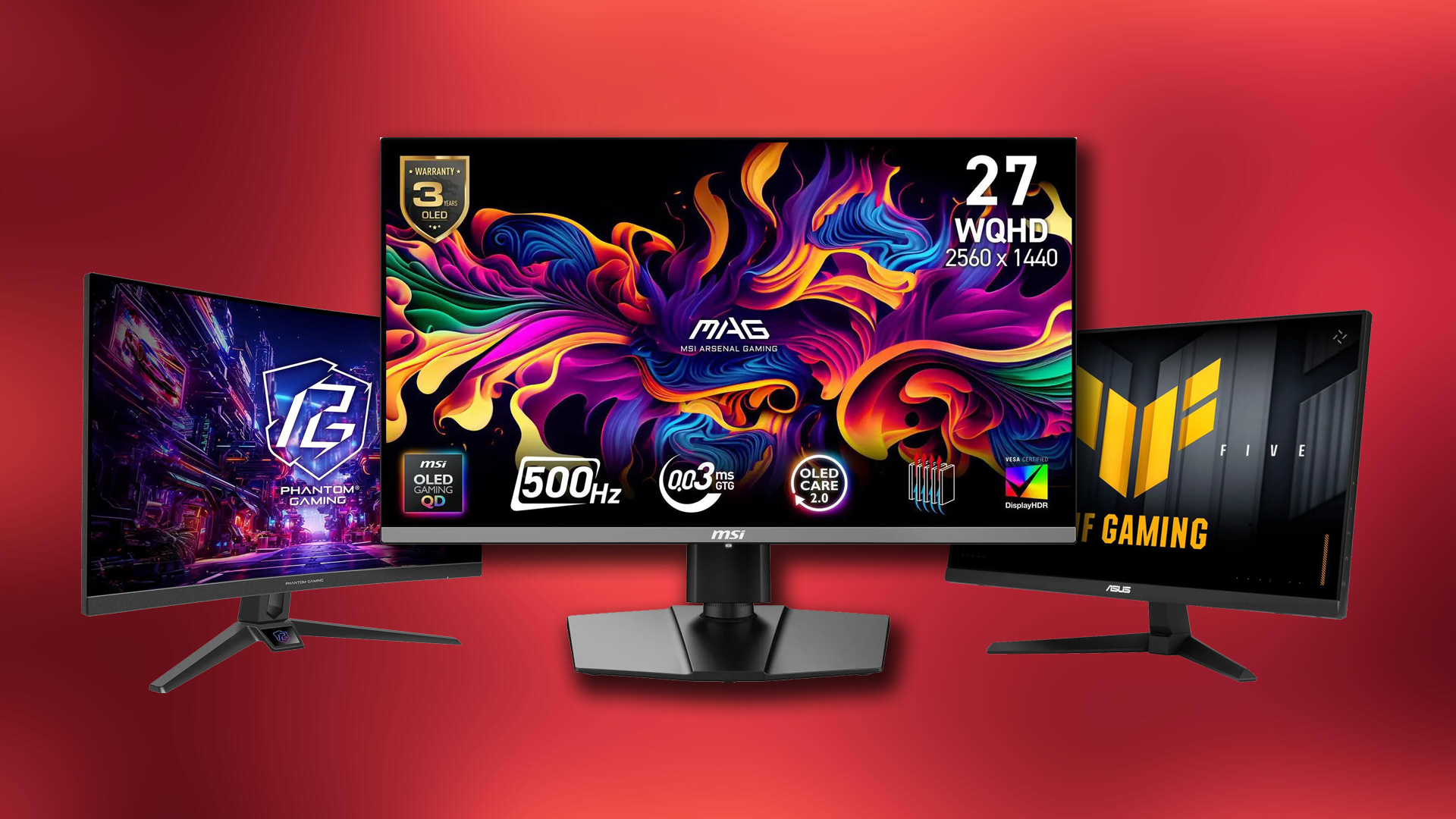 MSI MAG OLED monitor with 500Hz and 27 WQHD on screen, flanked by Phantom Gaming and ASUS Gaming monitors on a red backdrop.