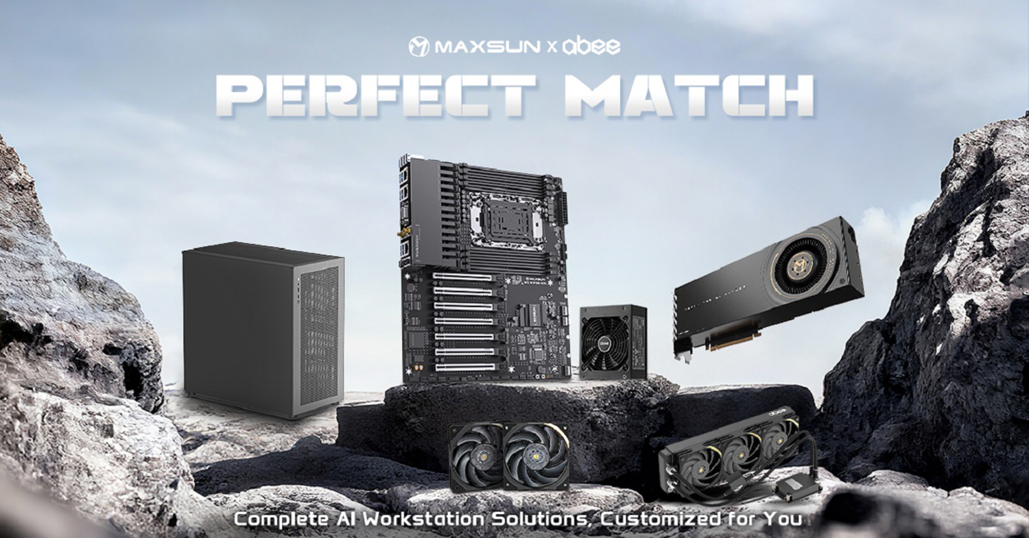 MAXSUN x abee PC components on rocky surface with text PERFECT MATCH and Complete AI Workstation Solutions. Customized for You.