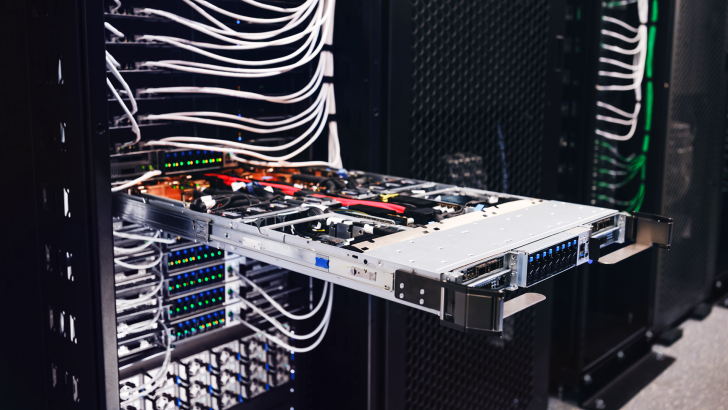 Unbranded server rack with cables and a server tray extended.