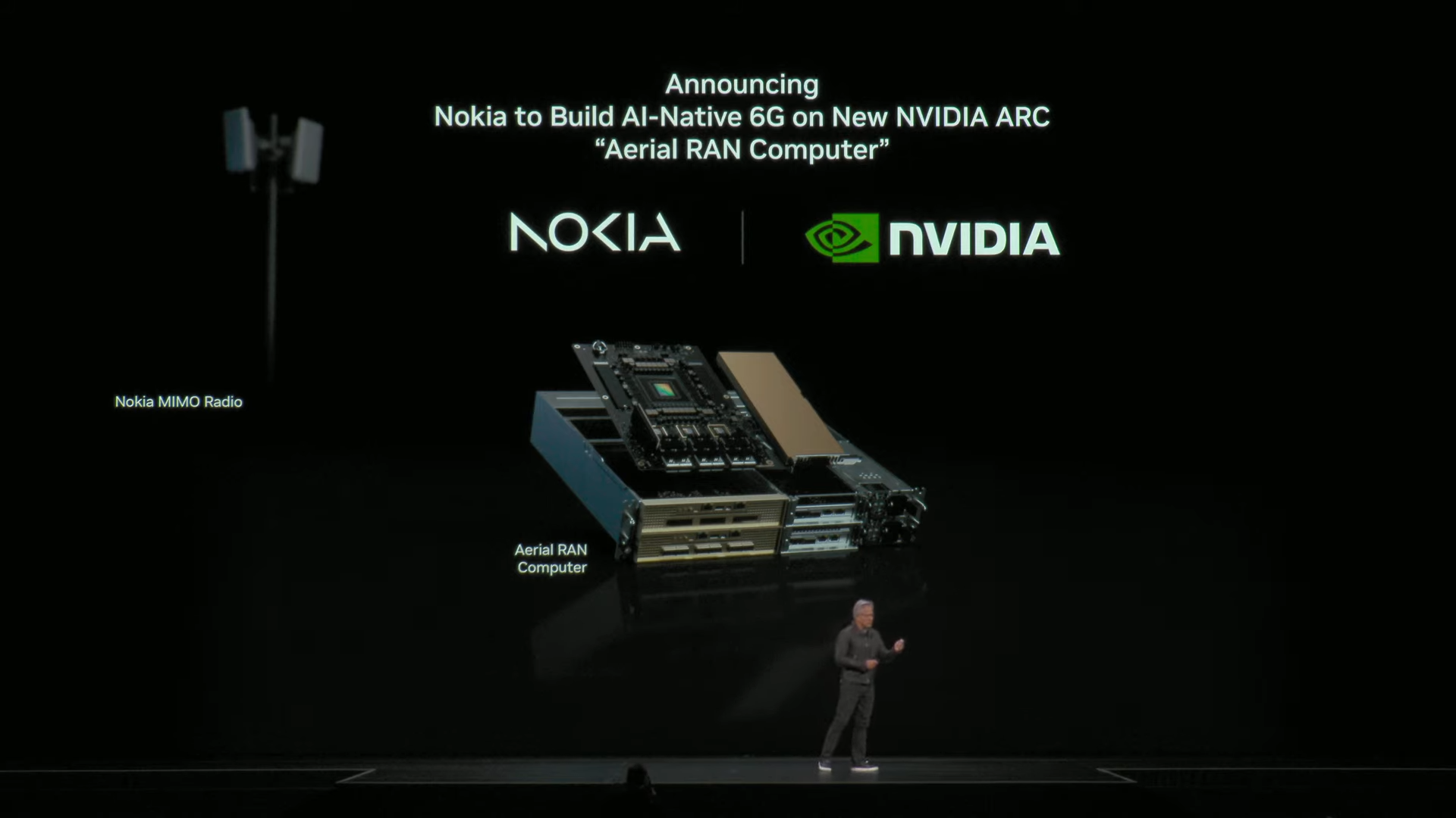 Announcing Nokia to build AI-native 6G on new NVIDIA ARC Aerial RAN Computer on stage with Nokia MIMO Radio displayed.
