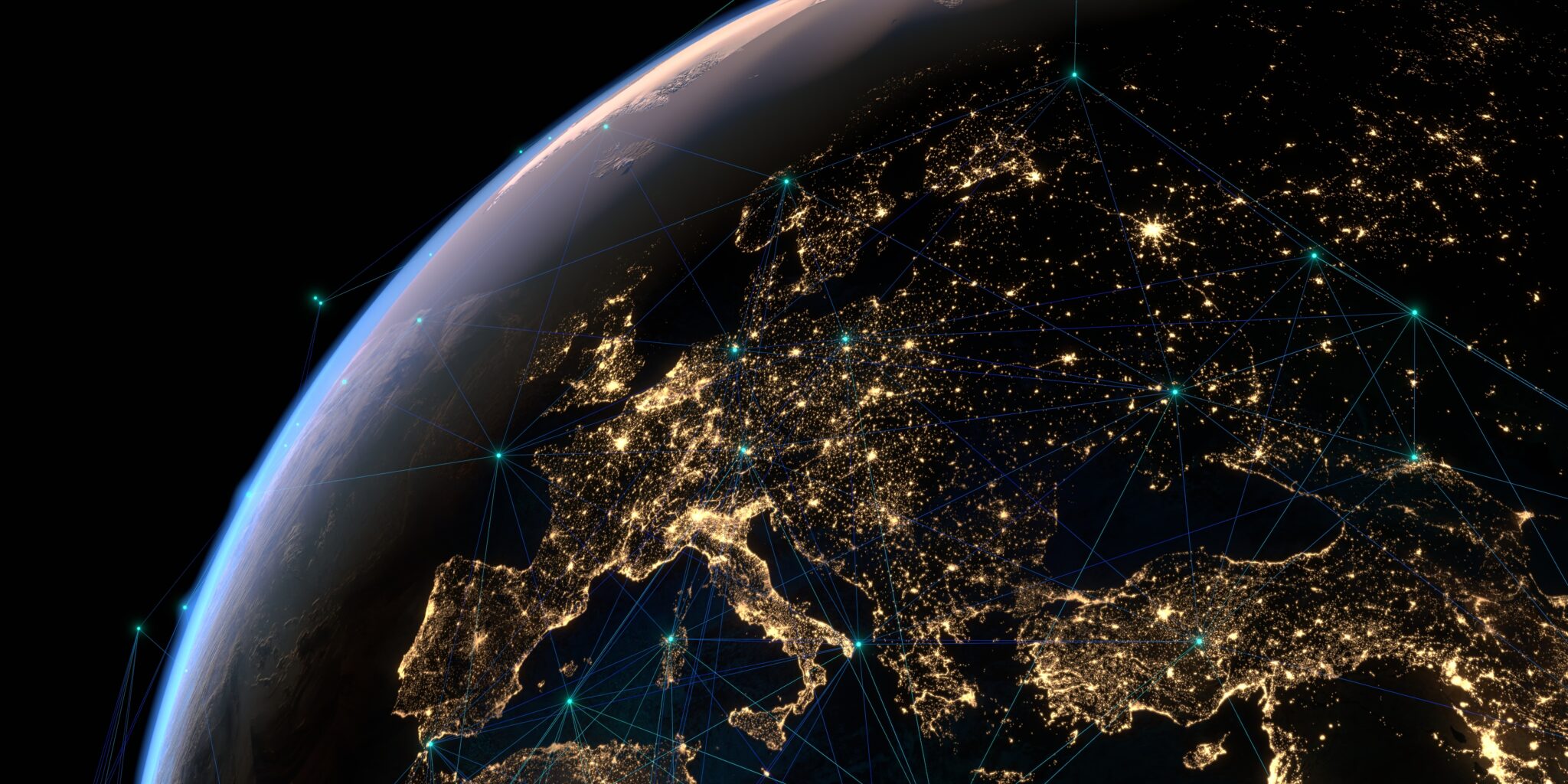 View of Earth at night showing Europe with glowing network lines.