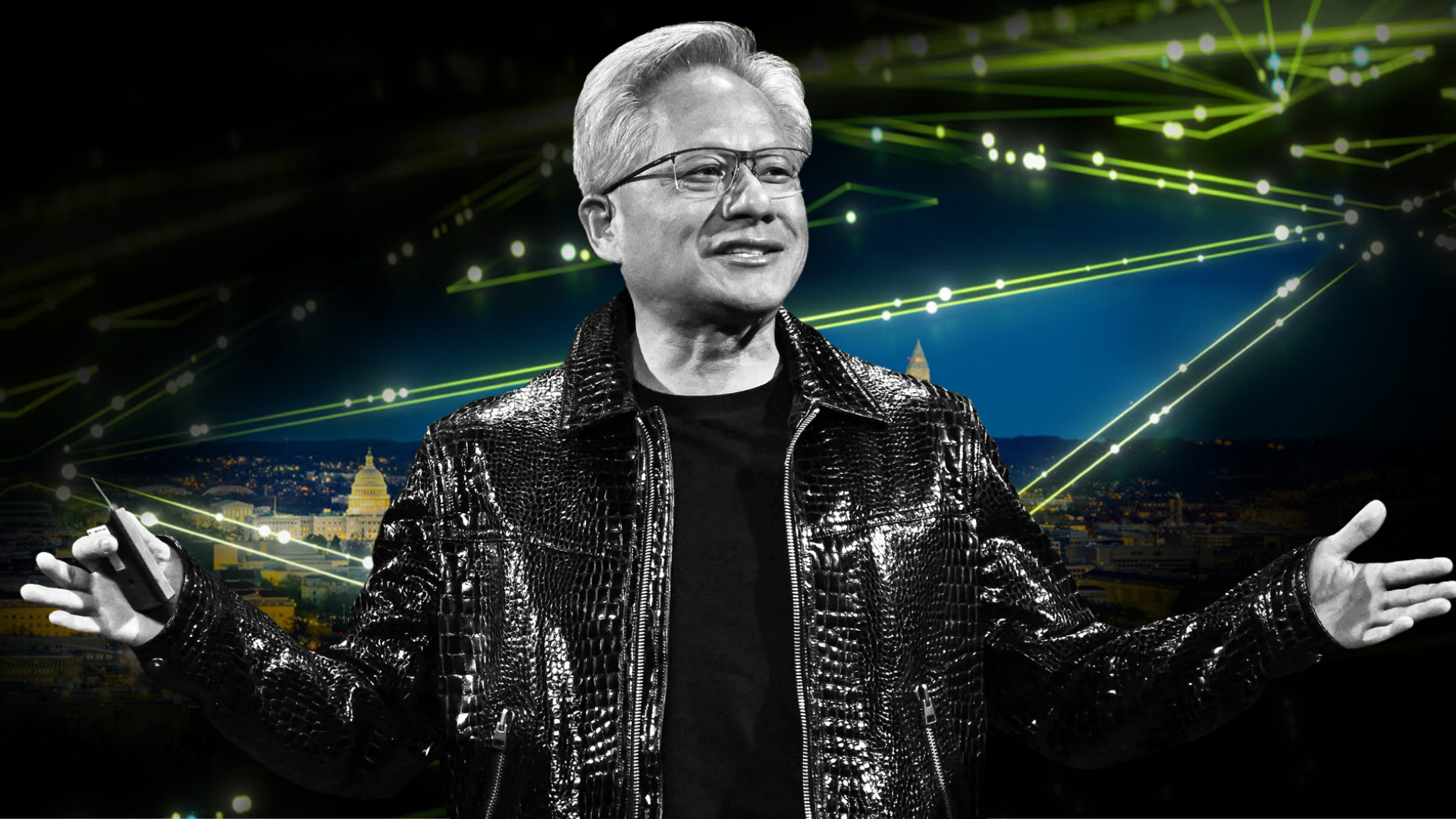 Unbranded person in a shiny leather jacket on stage with a network-themed digital background.