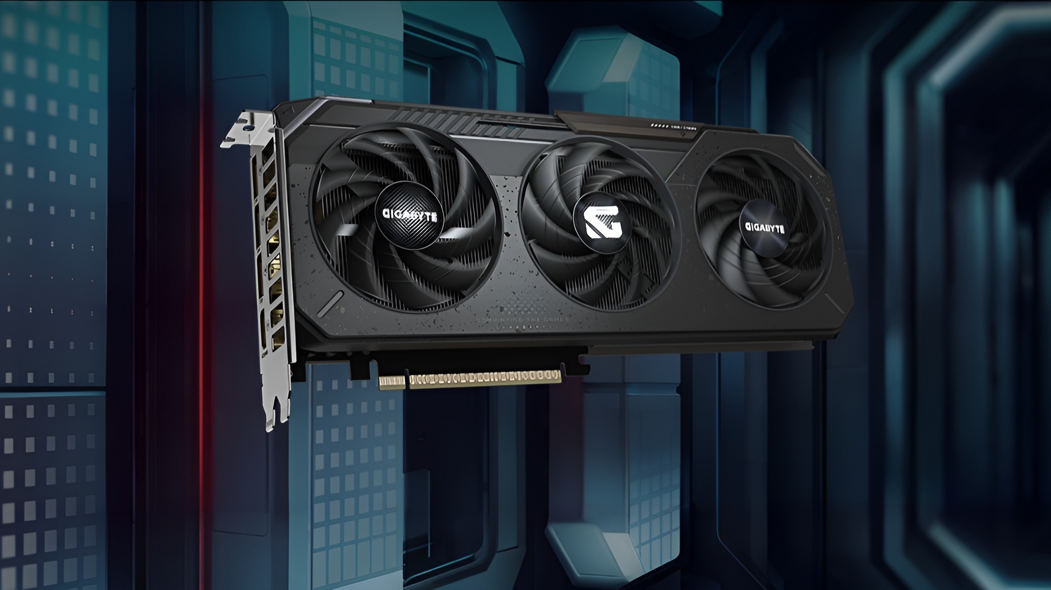 Gigabyte graphics card with triple fans labeled GIGABYTE, displayed in a futuristic virtual environment.