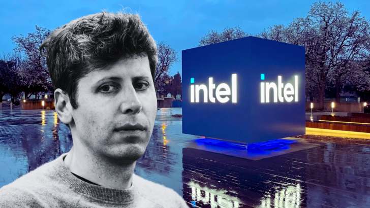 Intel sign lit up in the evening with a person's monochrome portrait overlaid beside it.