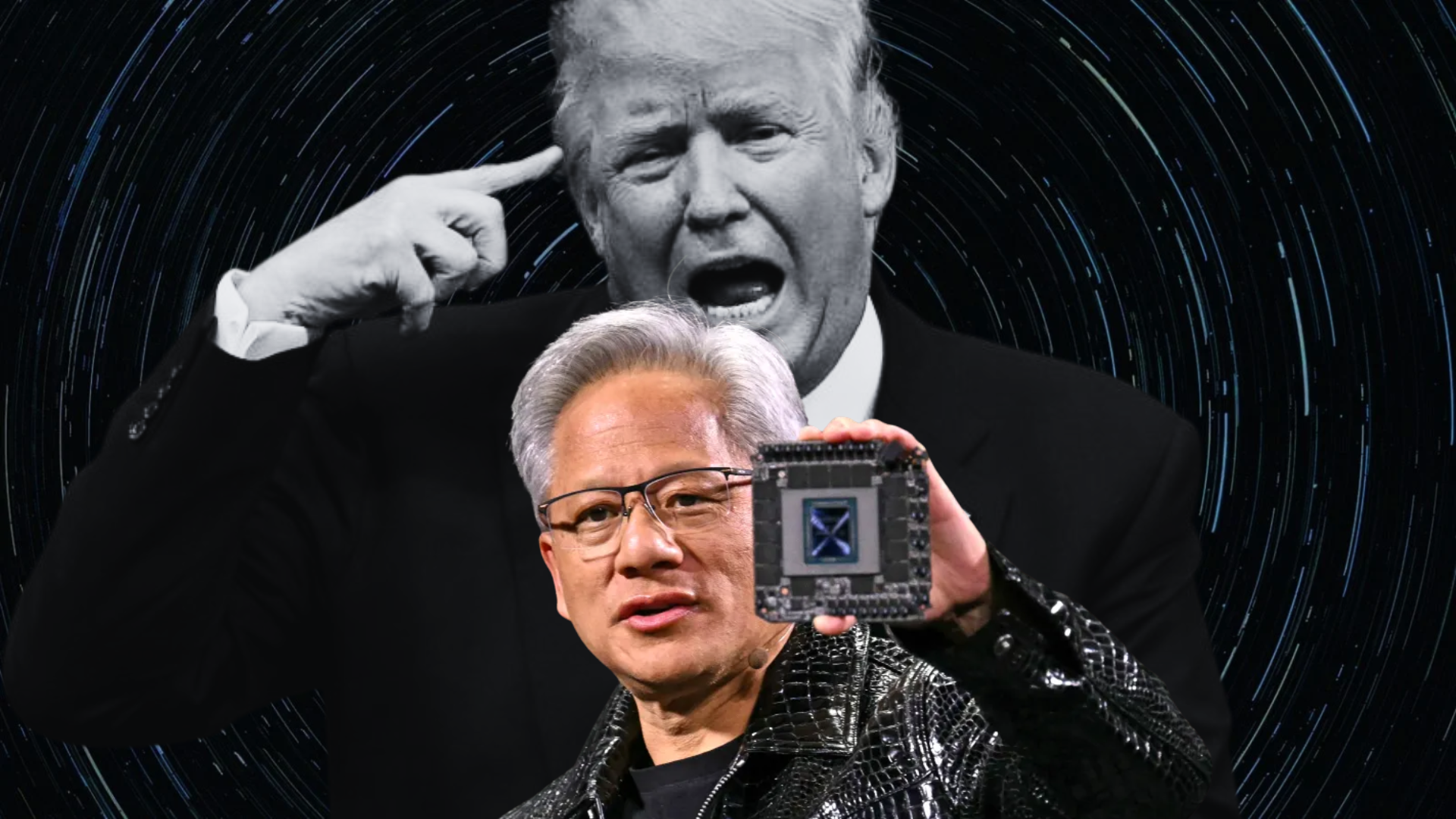 Unbranded chip held on stage with spiral backdrop.