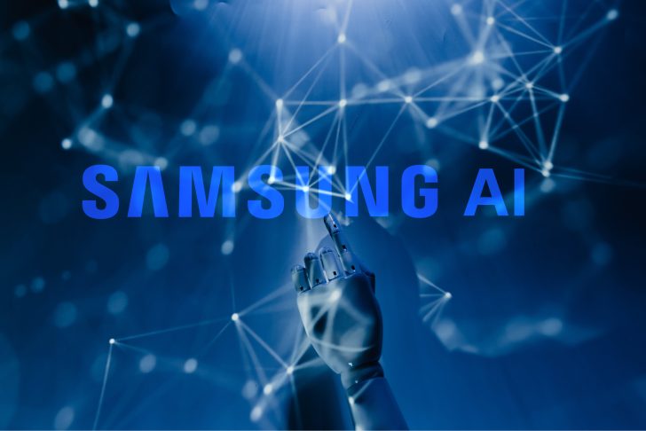 Samsung AI text with robotic hand on a digital network background.