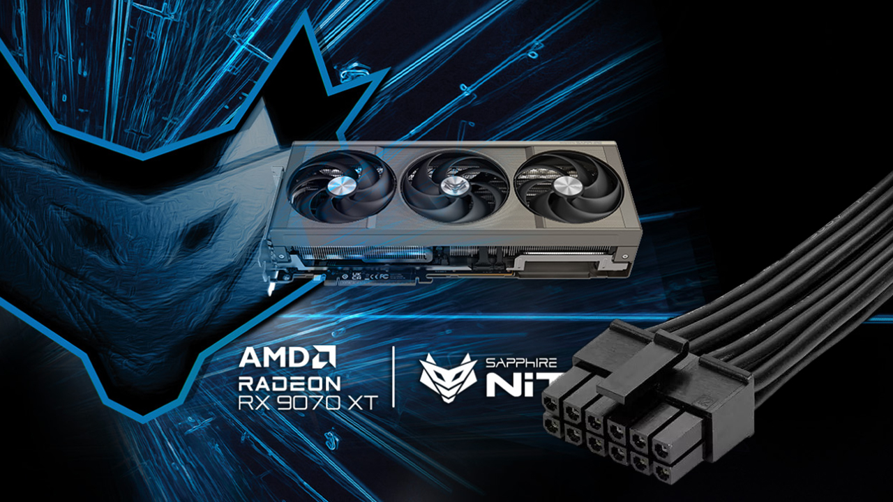 AMD Radeon RX 9070 XT graphics card with Sapphire Nitro branding and a power connector on a digital background.