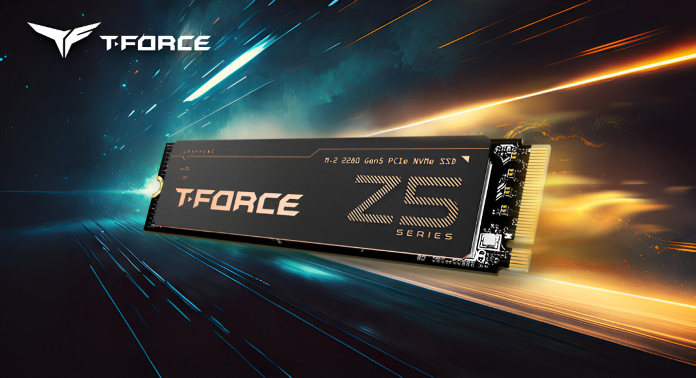 T-FORCE Z5 Series SSD labeled M.2 2280 Gen5 PCIe NVMe SSD with a dynamic light streak background.