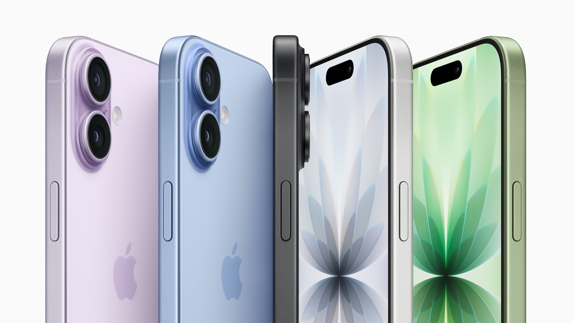 Apple iPhone 15 shown in purple, blue, black, silver, and green, with focus on the rear dual camera setup and side buttons.