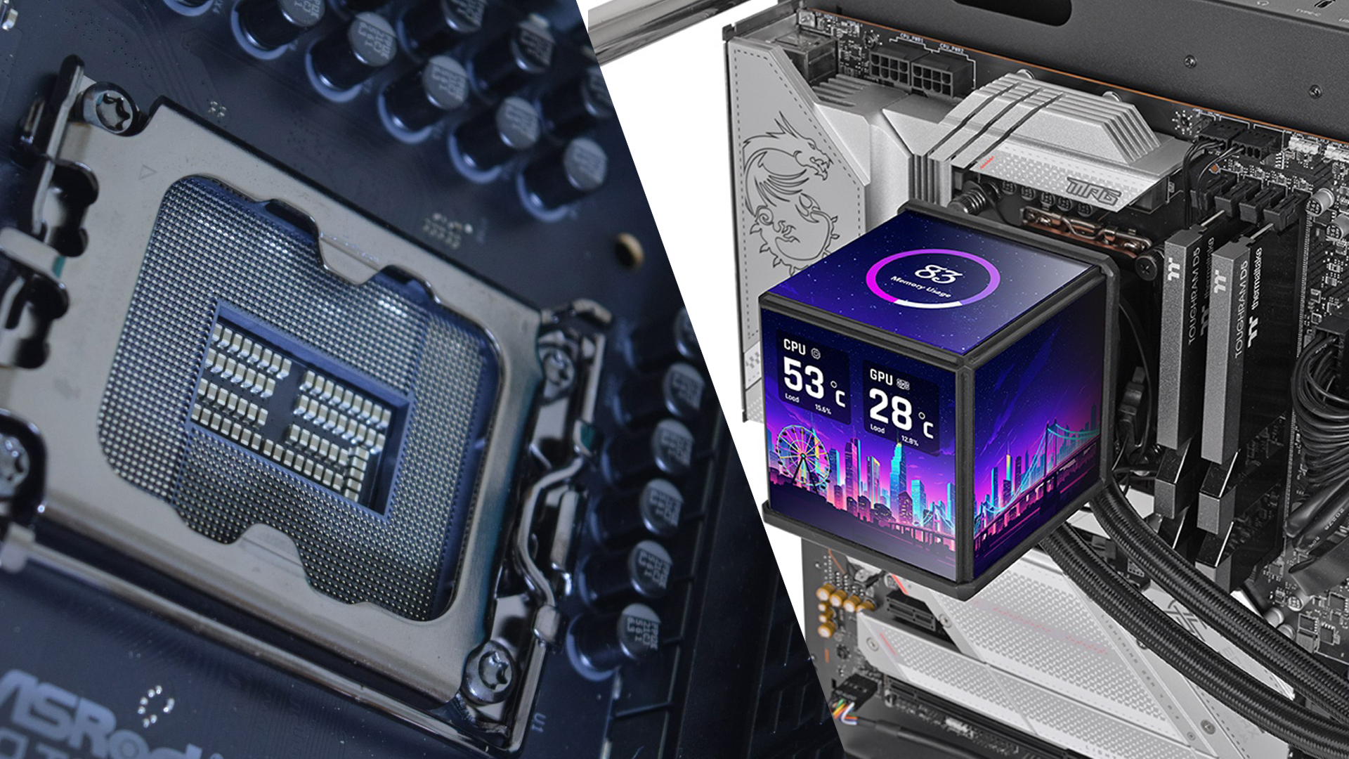 ASRock motherboard with exposed CPU socket and TOUGHRAM RGB in a high-performance PC build, CPU at 53°C, GPU at 28°C.