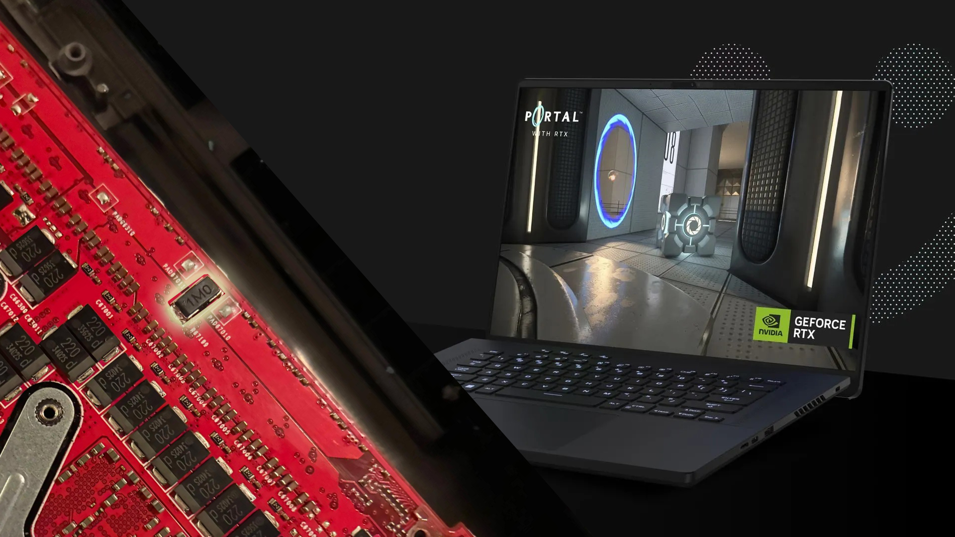 NVIDIA GeForce RTX label on laptop running PORTAL WITH RTX next to red circuit board.