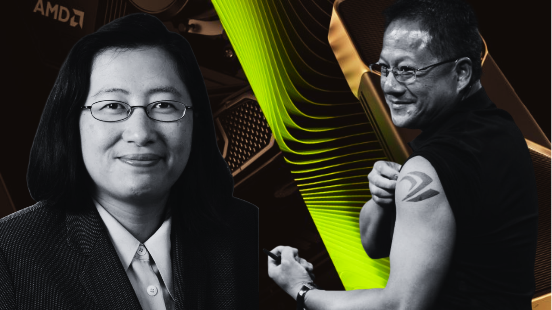 Two people with the AMD logo and an arm tattoo of a stylized NVIDIA logo against a tech-themed background.