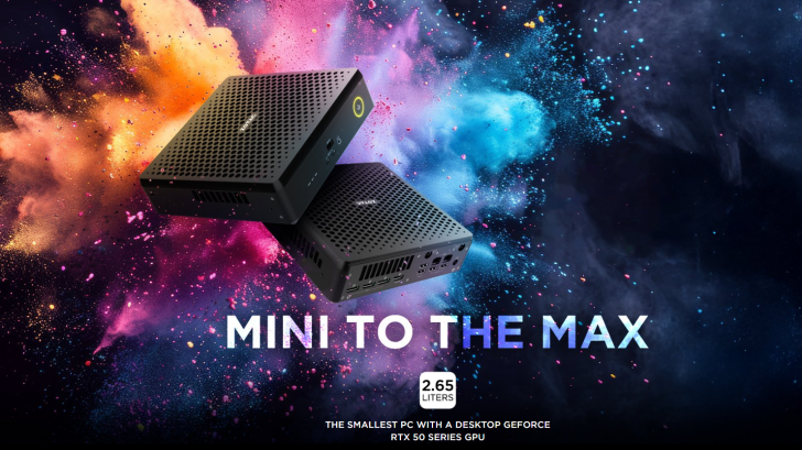 ZOTAC mini PC with NVIDIA GeForce RTX 50 series, on colorful splatter background with text MINI TO THE MAX and 2.65 LITERS.