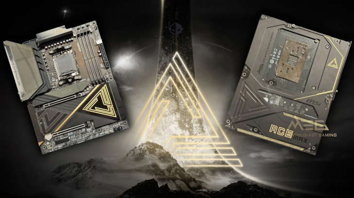 MSI MEG Z790 Ace motherboard labeled ACE shown in a dramatic mountain setting.