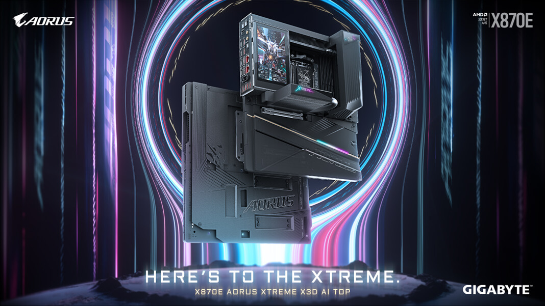 Gigabyte AORUS X870E XTREME X3D AI TOP motherboard with the text “HERE'S TO THE XTREME.” in a futuristic neon setting.