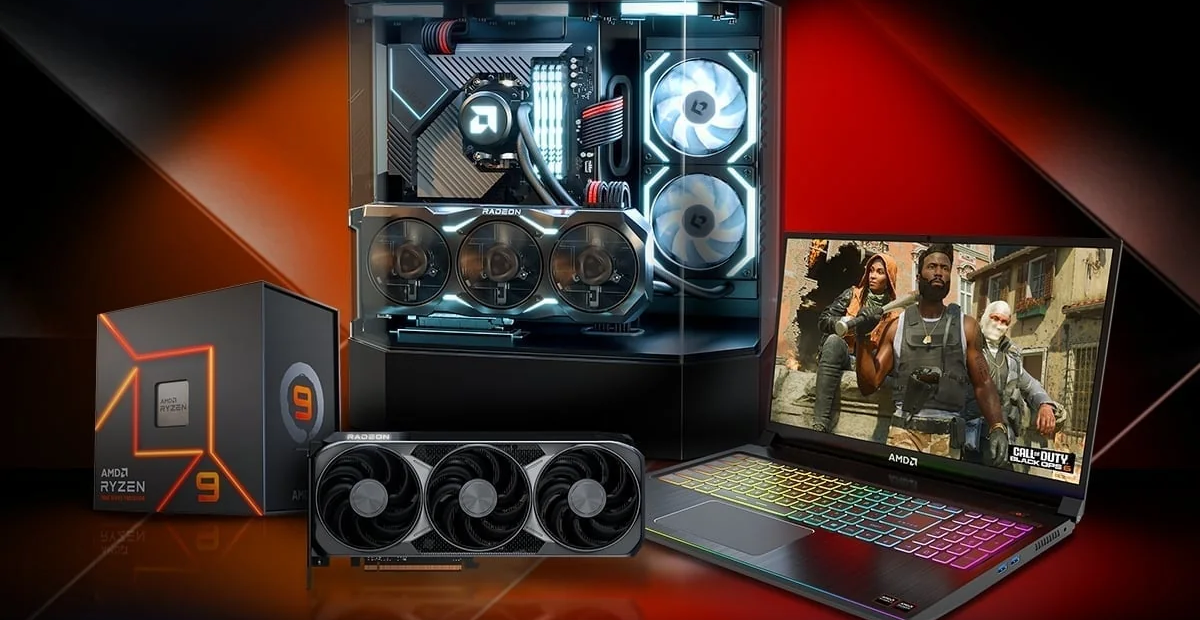A desktop computer featuring an AMD Ryzen 9 processor and Radeon graphics card is shown next to an AMD laptop displaying Call of Duty: Black Ops.