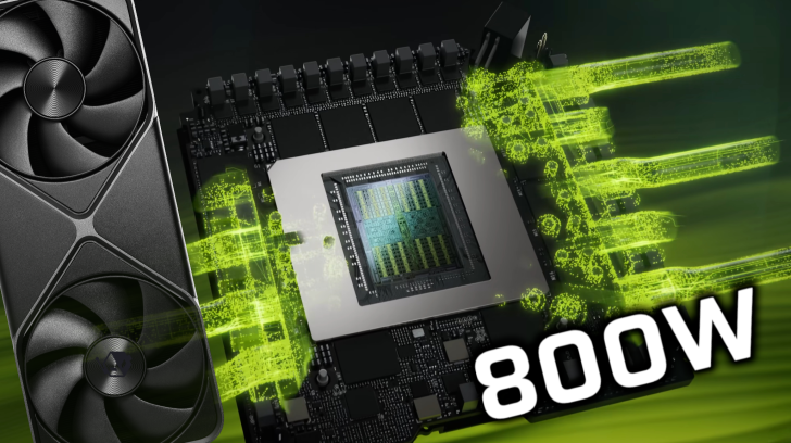 A close-up of an NVIDIA GPU with neon green digital effects and the text '800W' on the right.
