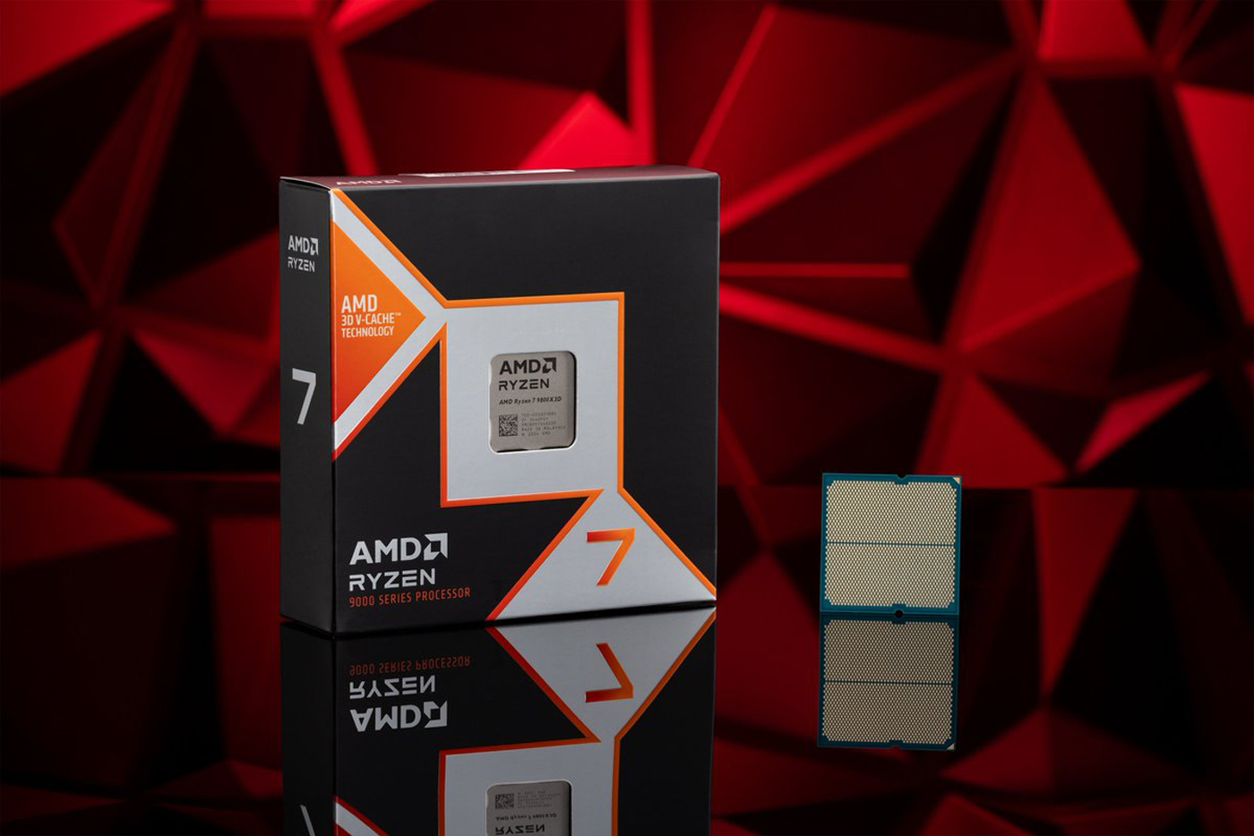 AMD Ryzen 7 7800X3D processor with AMD 3D V-Cache Technology box on reflective surface.