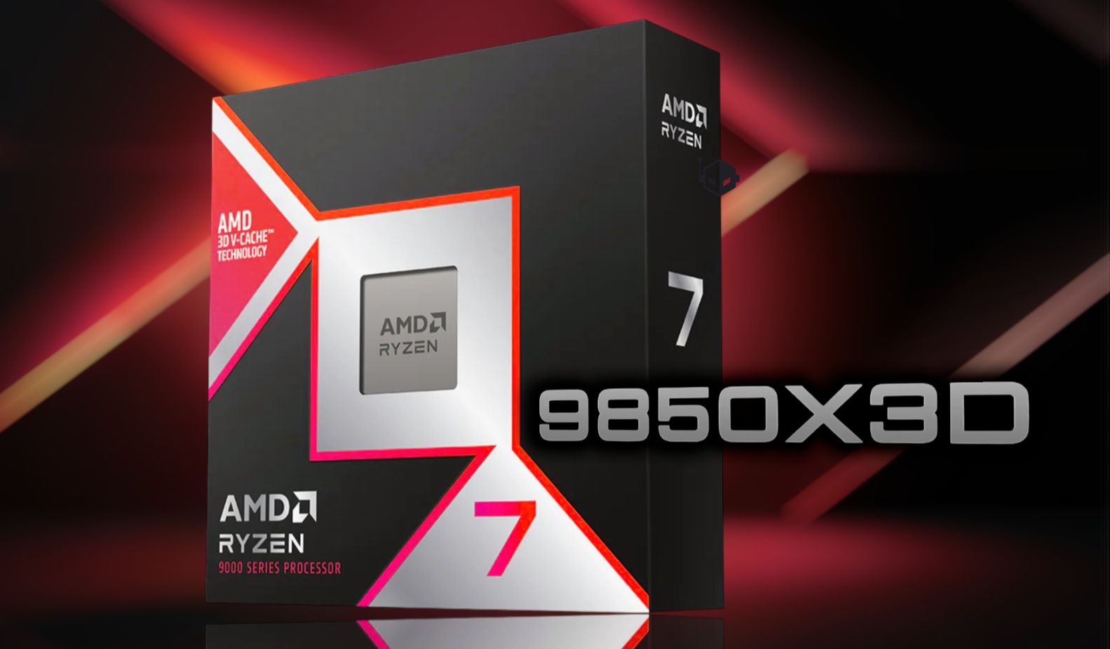 AMD Ryzen 9850X3D processor retail packaging featuring 'AMD 3D V-Cache Technology' and '9000 Series Processor' text with large '7' branding.