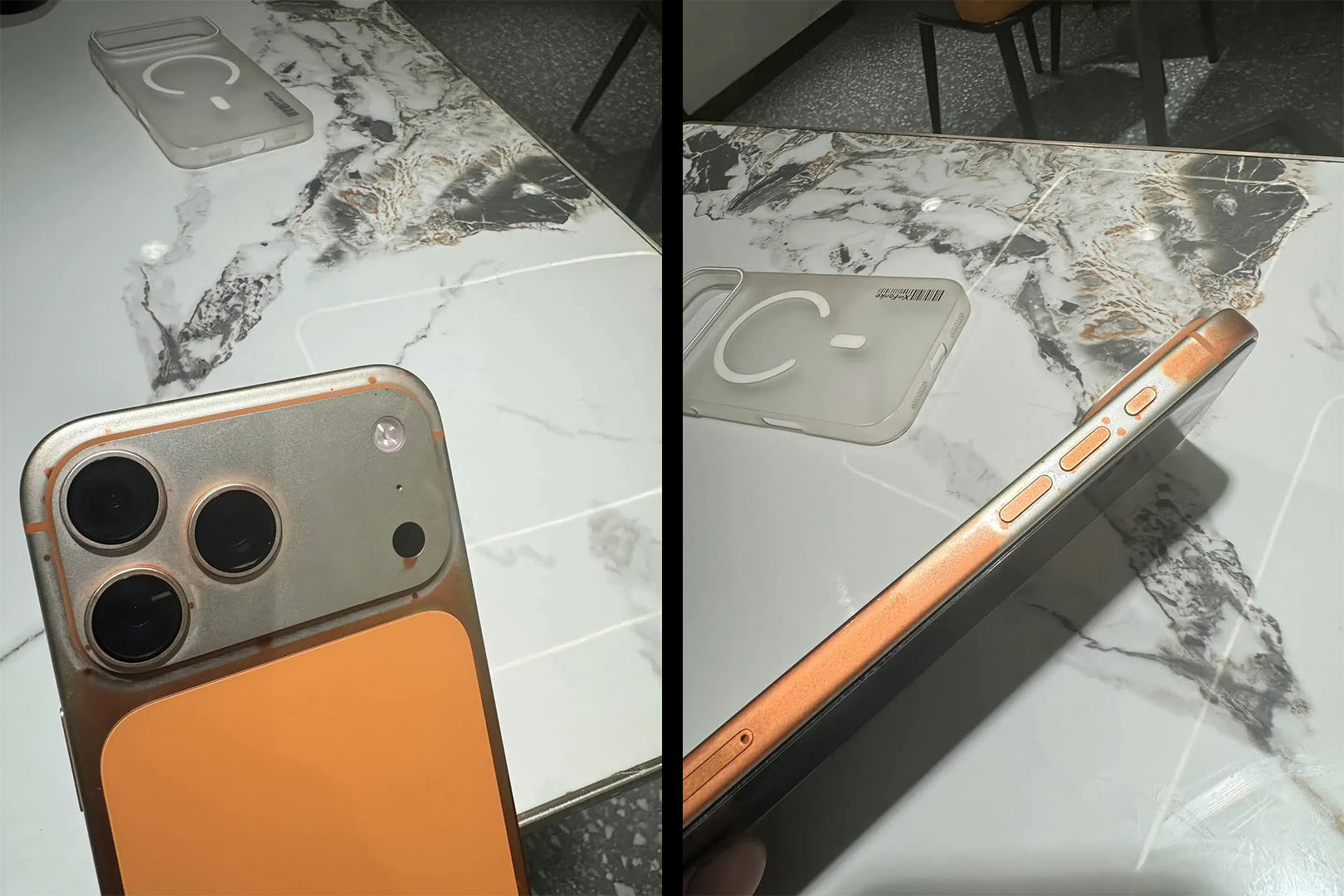 The Cosmic Orange paint job of an iPhone 17 Pro Max started coming off using wet wipes