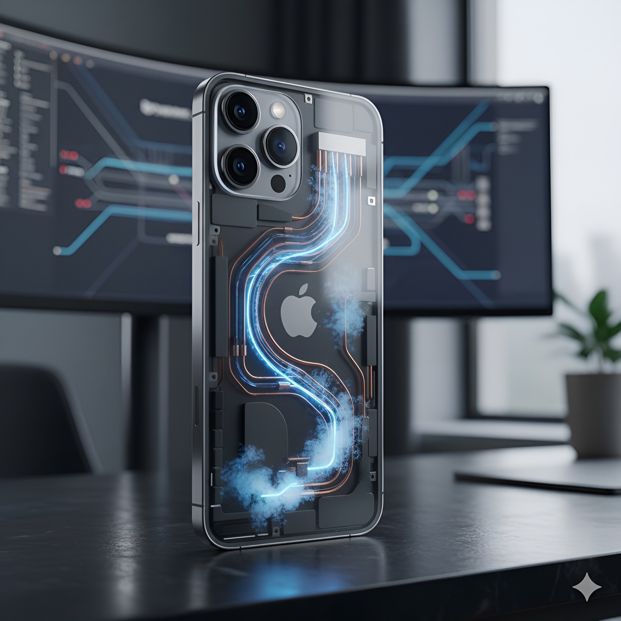 An Apple iPhone with a transparent back shows an illuminated internal cooling design on a desk in front of two curved monitor screens.