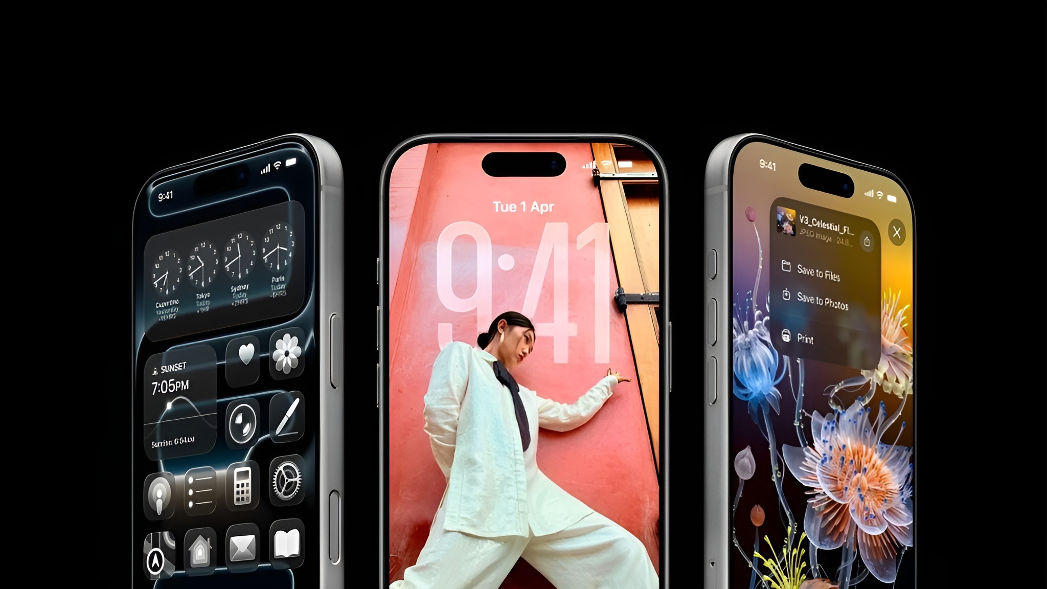 Three Apple iPhones display different customization options, with one showing 'Tue 1 Apr' on the screen, another showing a floral wallpaper with sharing options, and a third with widget and app icons.