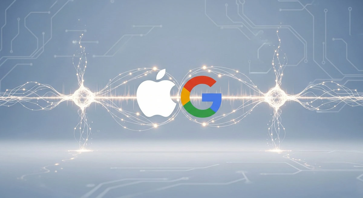 Apple and Google logos with digital circuit connections.