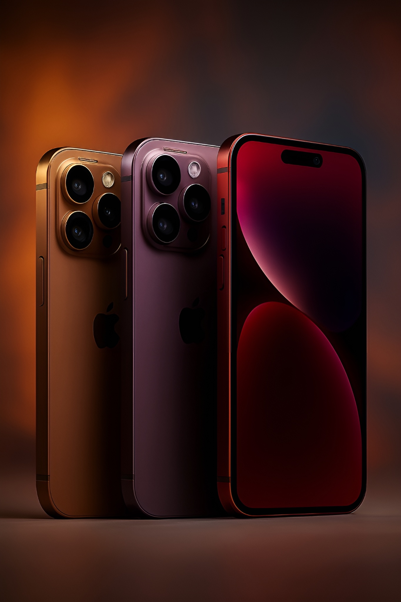 Apple smartphones with triple cameras in gold, purple, and red on a gradient background.