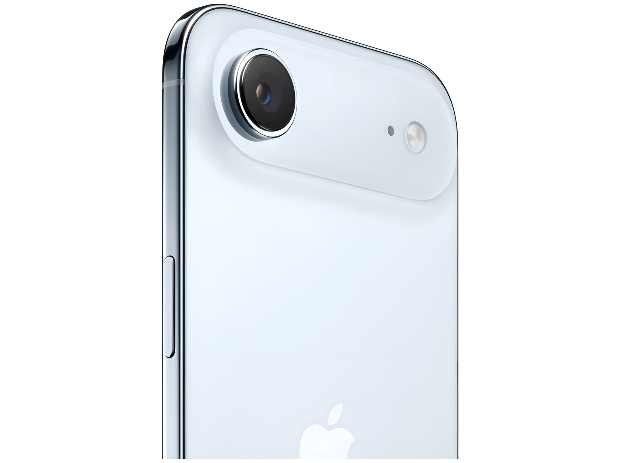 Apple logo on the back of a white iPhone with a single rear camera.
