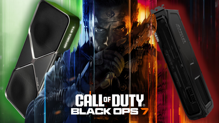 The image shows an NVIDIA GeForce RTX 5090 and an AMD Radeon graphics card flanking promotional art for 'Call of Duty Black Ops 7'.