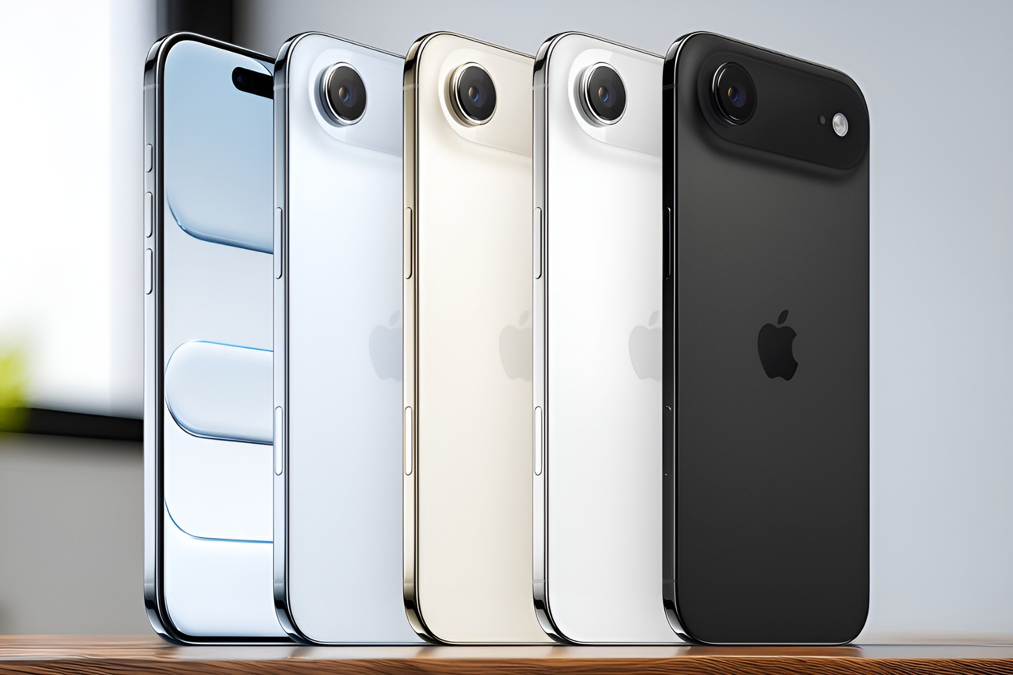 A lineup of five Apple iPhones in various colors, displayed front and back on a wooden surface.