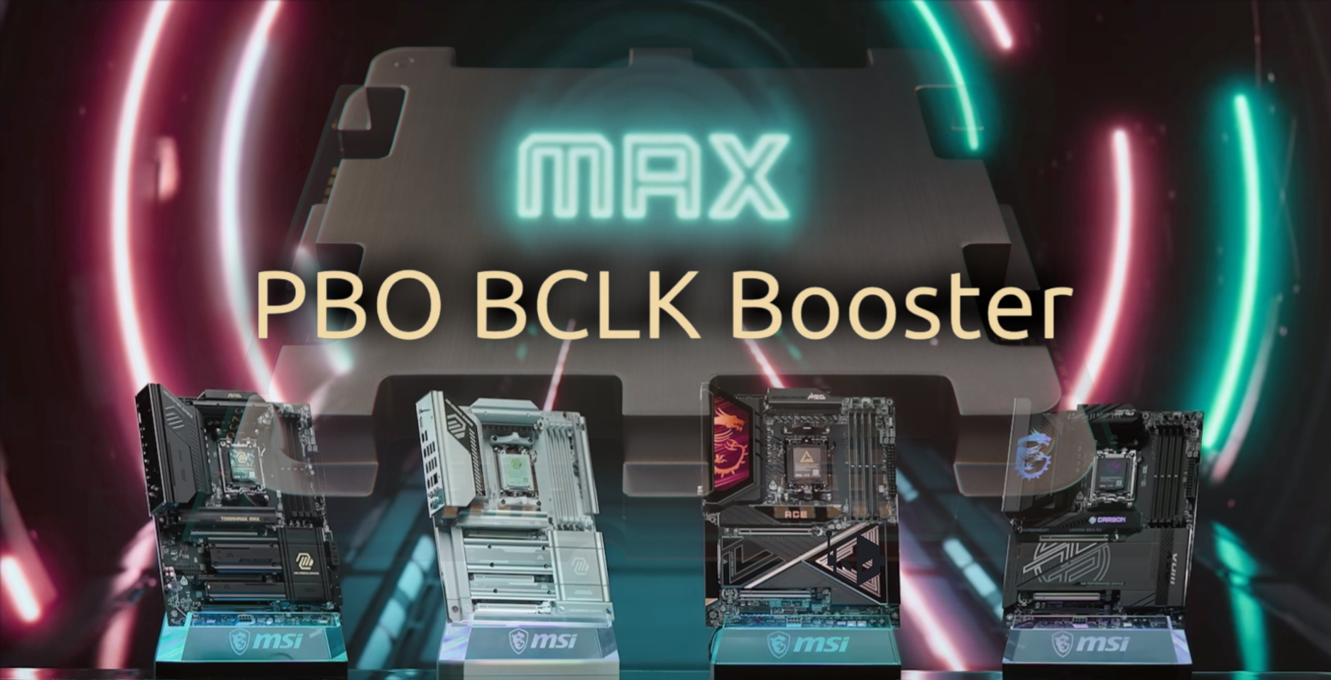 Four MSI motherboards are displayed in front of a backdrop reading 'MAX PBO BCLK Booster,' featuring models including MSI MEG Z790 ACE and MSI MPG Z790 CARBON WIFI.