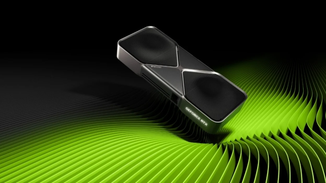 A NVIDIA GeForce RTX 5090 graphics card with a sleek black and silver design is positioned against a green and black abstract background.