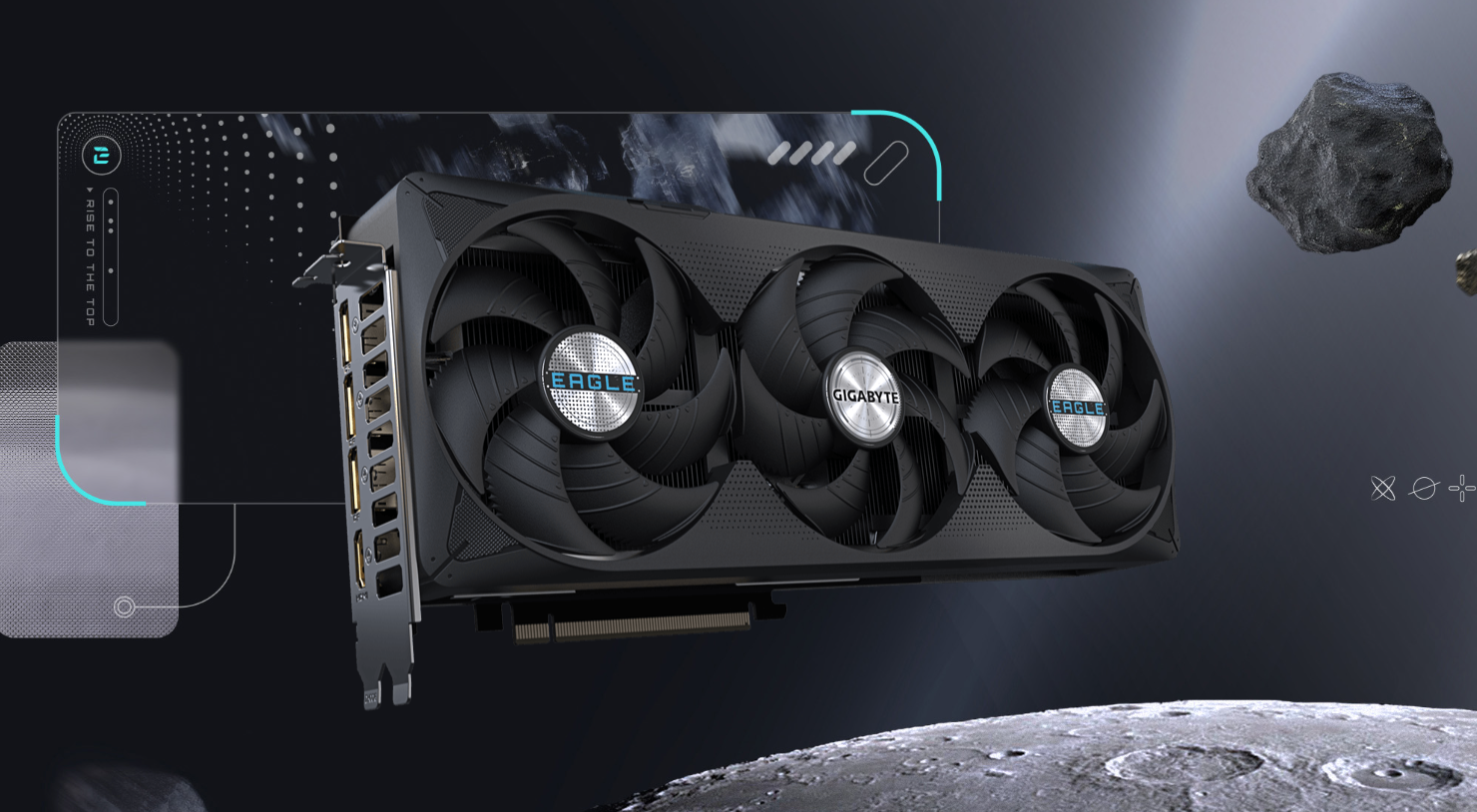 A Gigabyte EAGLE graphics card with three cooling fans is displayed against a cosmic background, featuring text 'RISE TO THE TOP'.