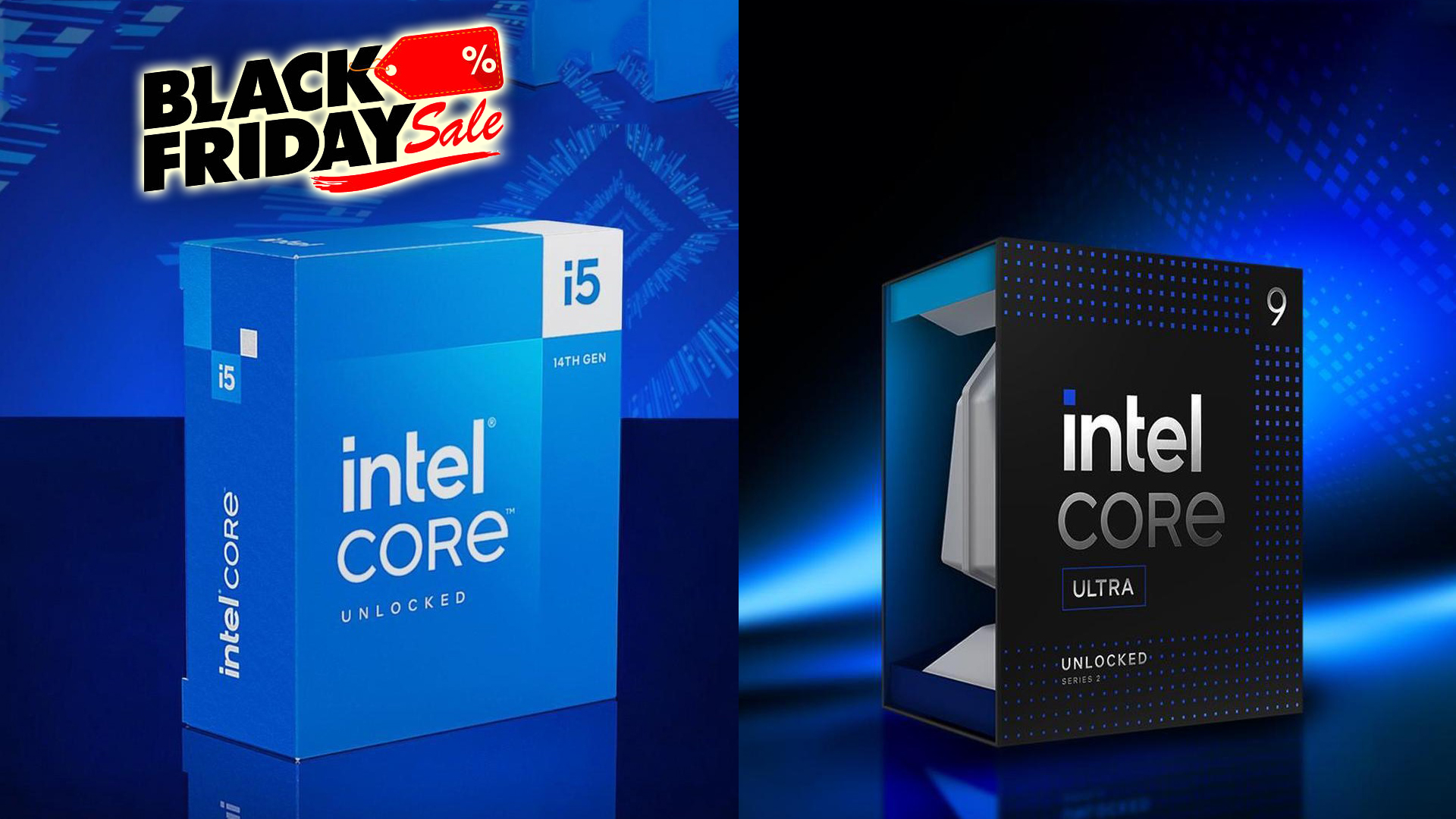Intel Core i5 14th Gen and Intel Core Ultra 9 processor boxes displayed against a blue background with a 'Black Friday Sale' label.