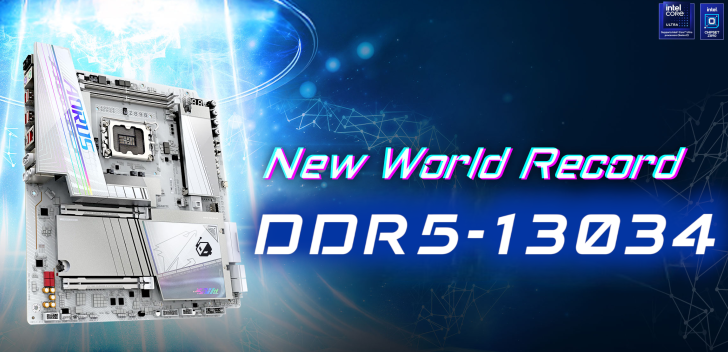 Gigabyte Aorus Z790 X motherboard with New World Record and DDR5-13034 text, alongside Intel Core Ultra logo.