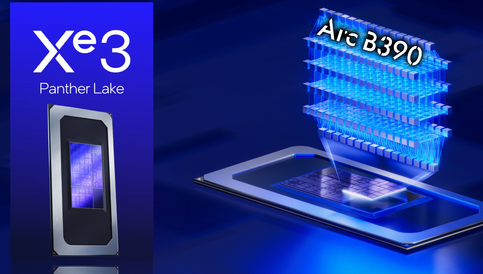 An image showcasing Intel's 'Xe3 Panther Lake' chip alongside a depiction of an 'Arc B390' component.