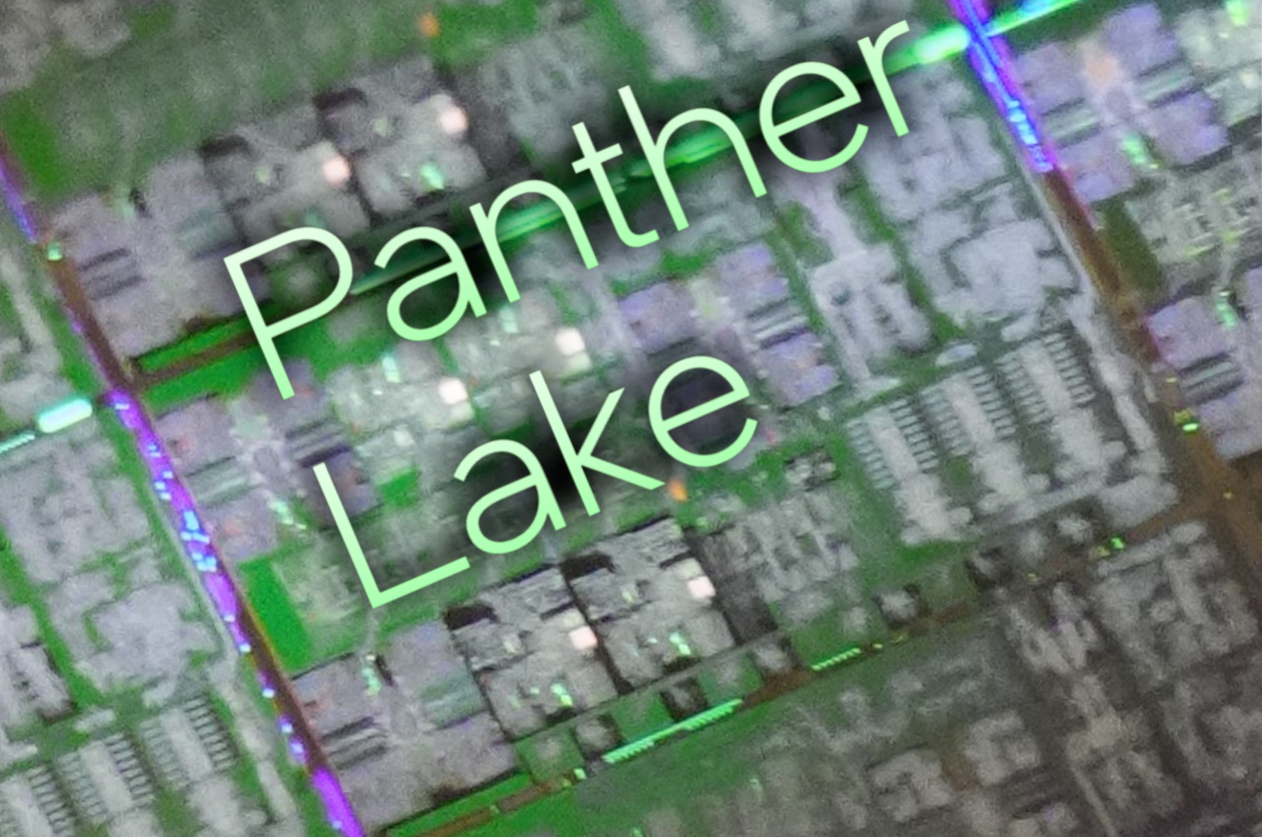 A close-up of a chip with the text 'Panther Lake' overlaid, featuring visible circuit patterns.