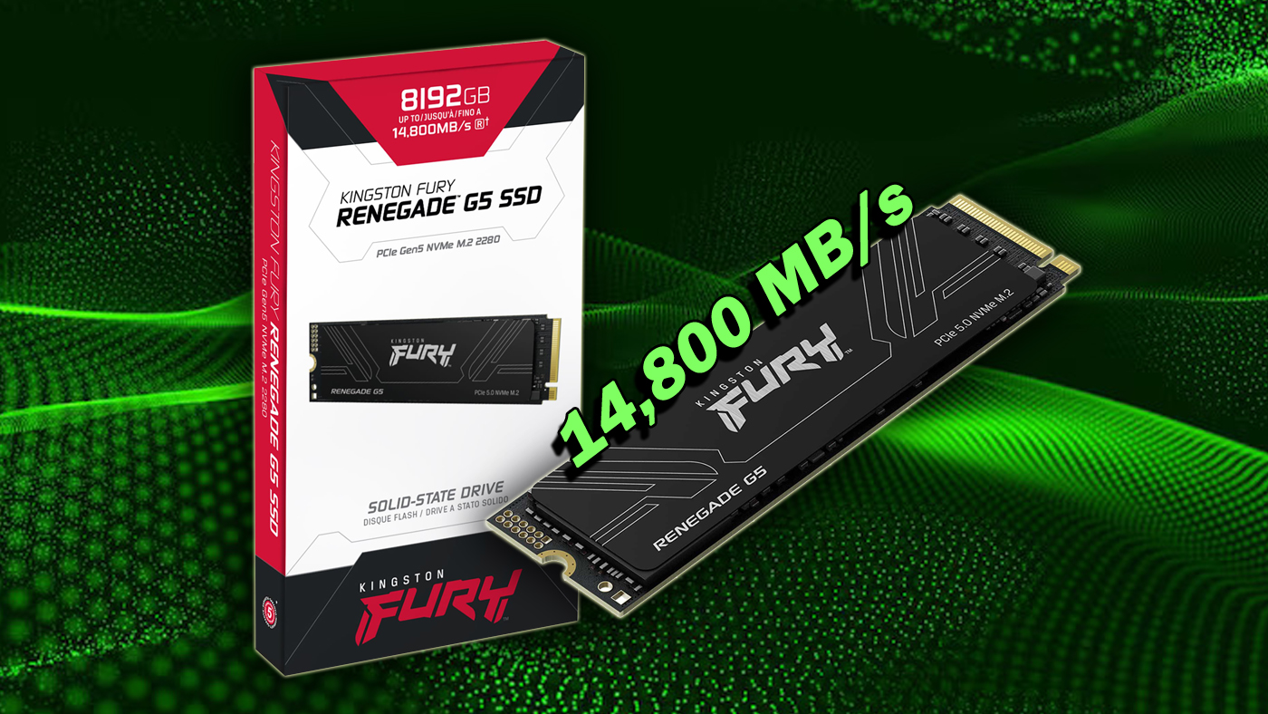 Kingston Fury Renegade G5 SSD packaging and drive on a green patterned background, labeled 14,800 MB/s.