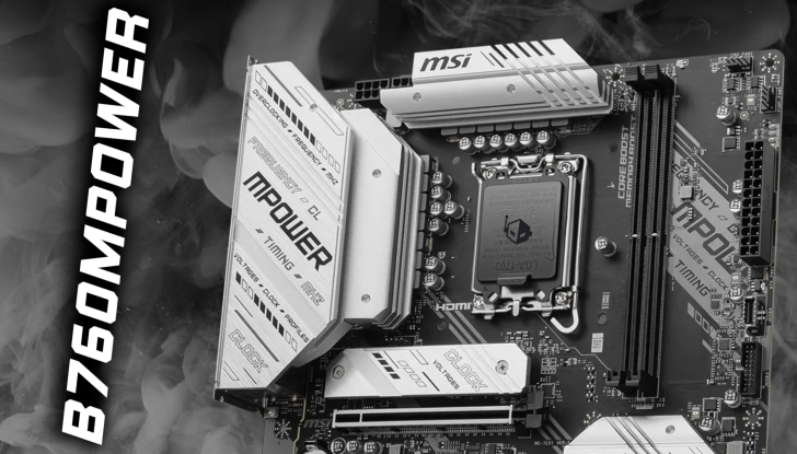MSI motherboard labeled B760MPOWER with MPower and CLOCK branding, shown on a smoky background.