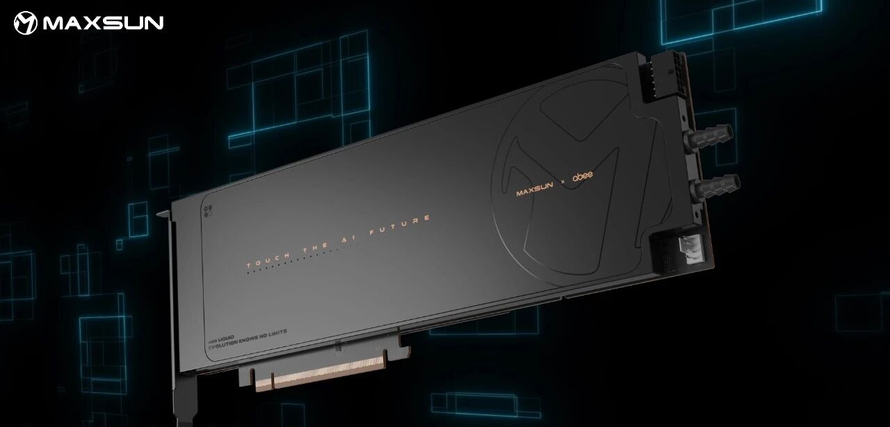 A Maxsun graphics card labeled 'TOUCH THE AI FUTURE' features a custom liquid cooling design with the Maxsun and dbree logos.