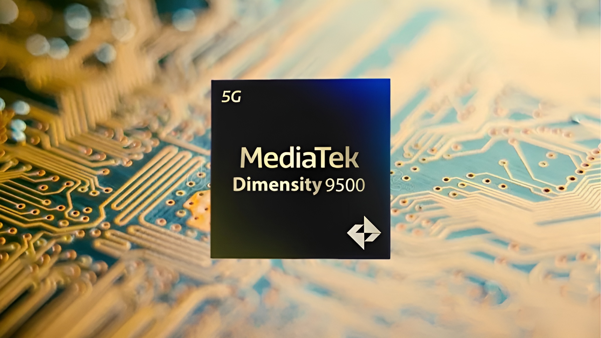 A MediaTek Dimensity 9500 chip is displayed with the '5G' label on a detailed circuit board background.