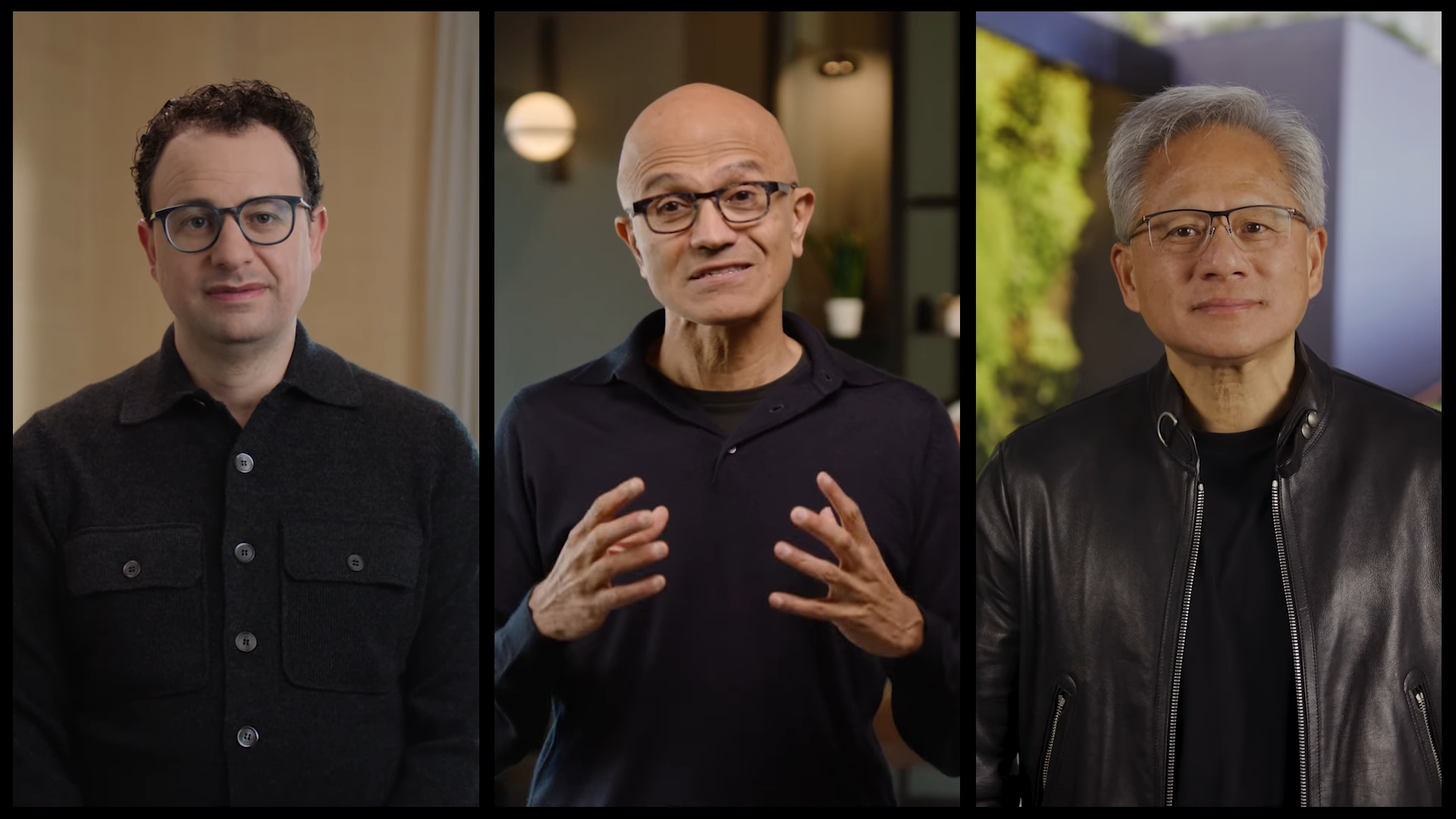 Three unidentified individuals are shown side by side, each in their separate frame, wearing dark clothing and glasses.
