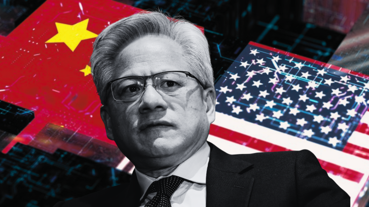 A person in grayscale with a background of digital representations of the Chinese and U.S. flags.