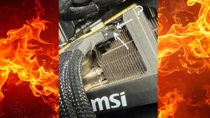 A close-up image shows an MSI GPU with visible cable connections, surrounded by flames and question marks drawn in white.