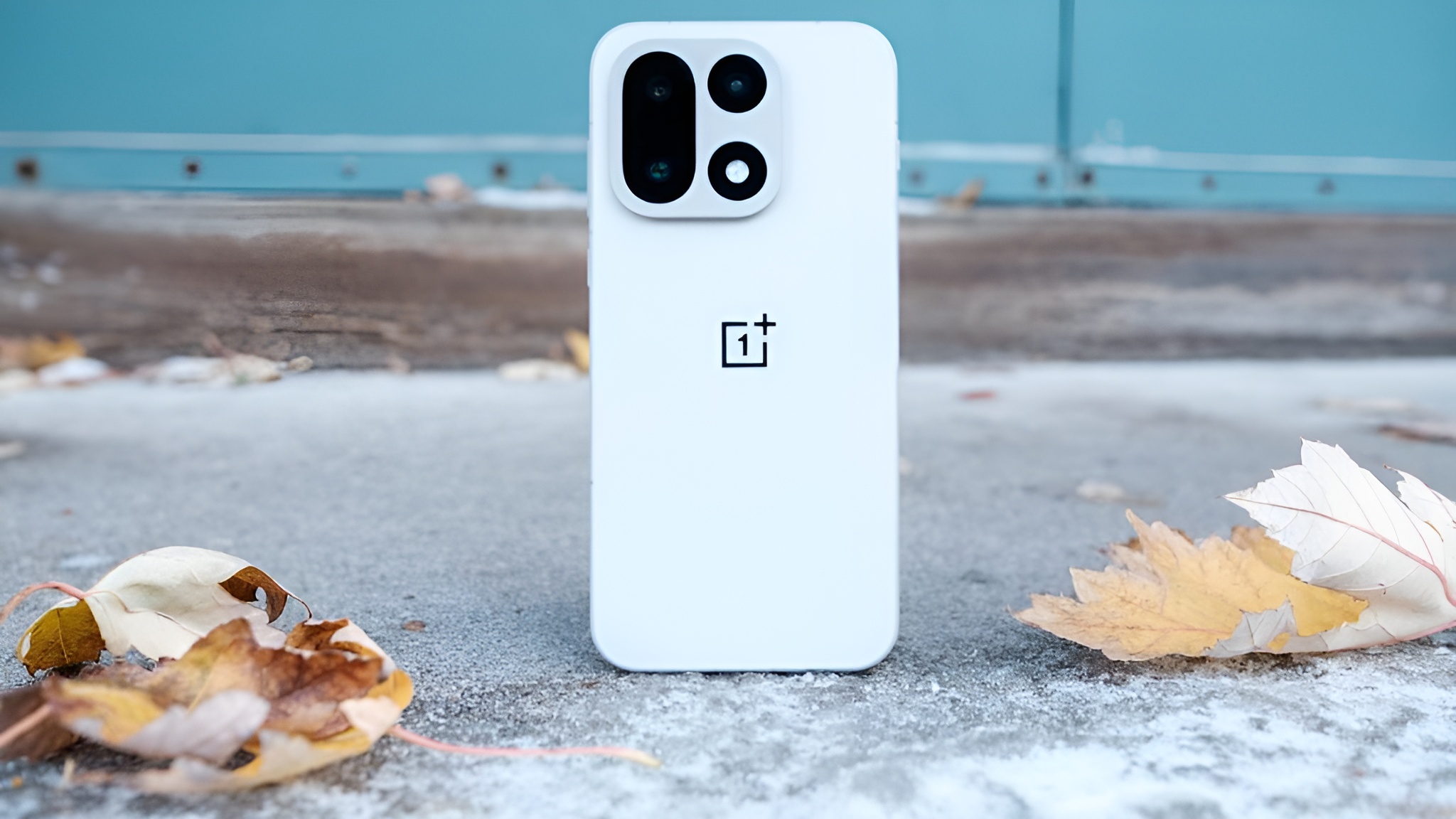 A white OnePlus smartphone with a distinctive rear camera design is placed on the ground surrounded by autumn leaves.
