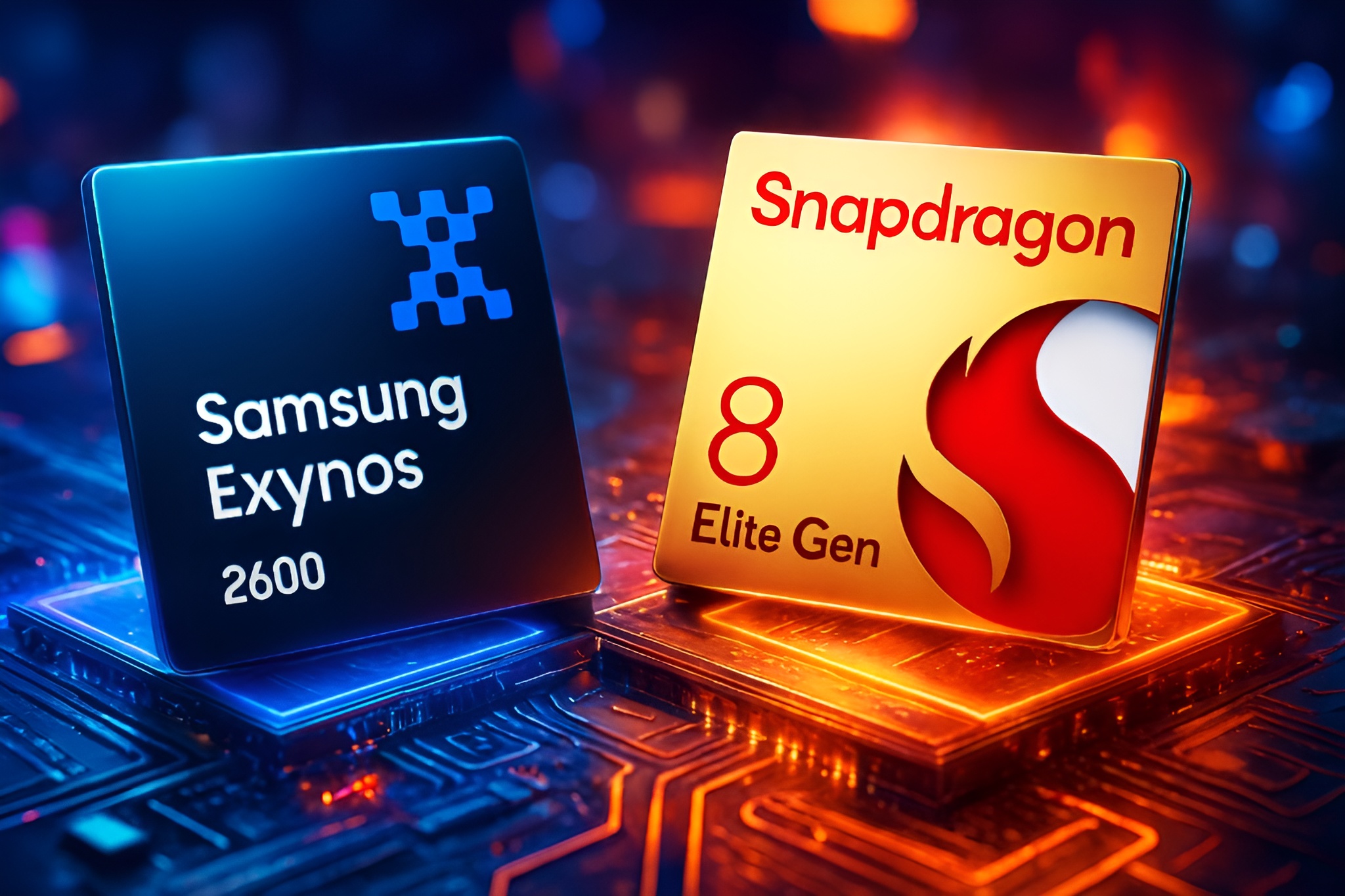 Samsung Exynos 2600 and Snapdragon 8 Elite Gen chipsets on a circuit board.