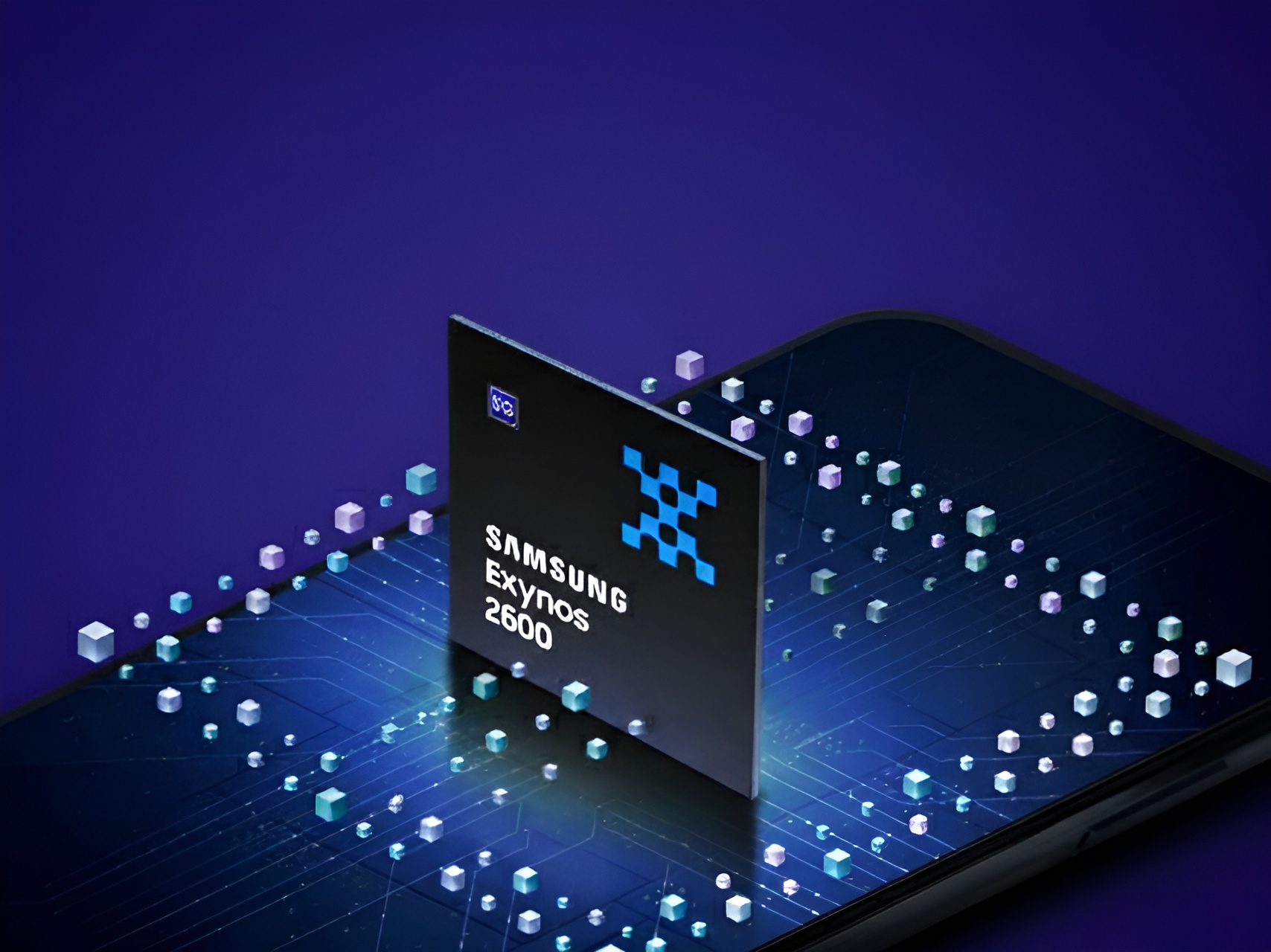 A Samsung Exynos 2600 chip is depicted surrounded by digital elements on a dark blue background.