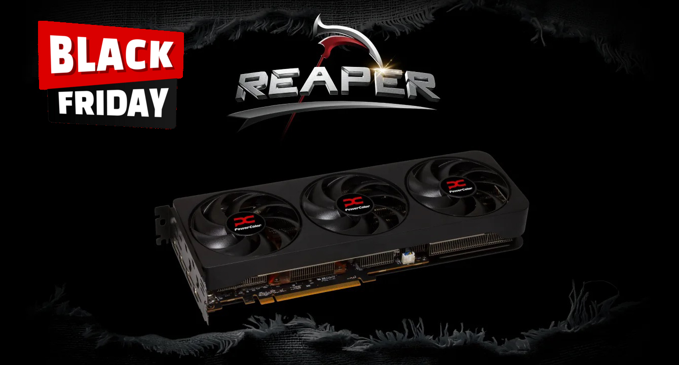 A PowerColor graphics card with the 'Reaper' logo is shown alongside a 'Black Friday' banner on a black background.