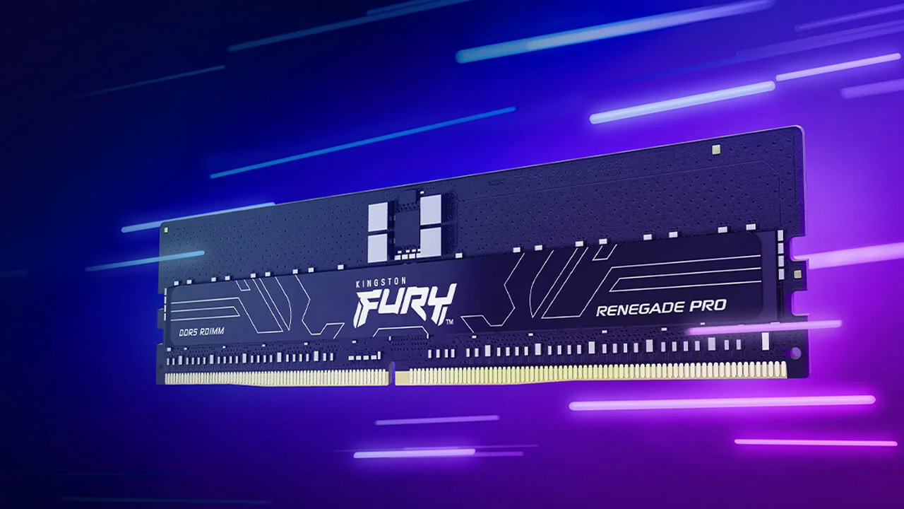 Kingston Fury Renegade Pro DDR5 RDIMM RAM module against a futuristic, illuminated backdrop.